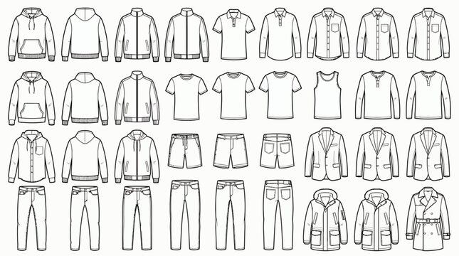 Collection of men apparel technical sketches including hoodies jackets shirts pants and coats in white outline, concept for fashion design, tech pack production and apparel mockup