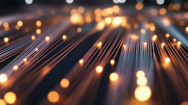 Fiber optic cables transmitting glowing light signals on a dark background, illustrating digital connectivity, communication, and high speed global information exchange in a modern network