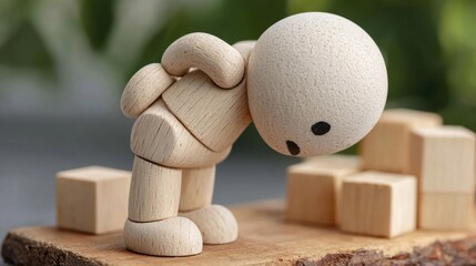 wooden man, wooden dummy, bent over due to back pain, isolated on background
