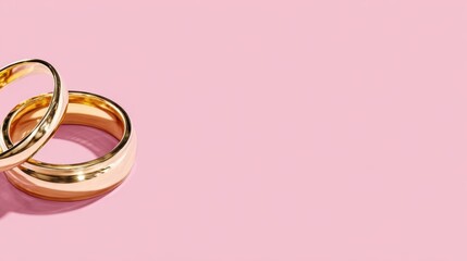 Elegant Wedding or Engagement banner background - pair of golden wedding rings and gentle white bow ribbon on gentle pink backdrop, copy space for text