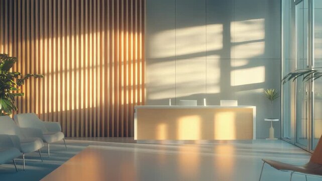 Modern office reception featuring a sunlit waiting area with wooden slat walls, comfortable chairs, and green plants creating a contemporary and inviting lobby