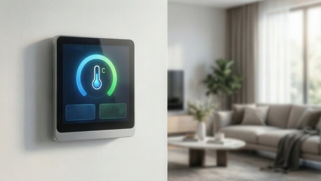 Smart home digital thermostat on wall with glowing interface and blurred modern living room behind it, symbolizing efficient climate control and energy saving.

