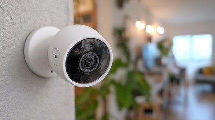 Living room interior with comfortable sofa, view through CCTV security camera