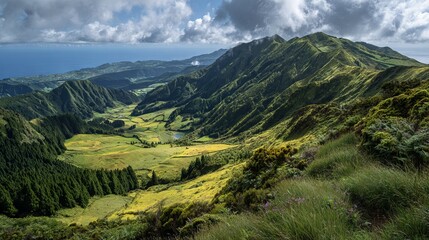 Obraz premium Mountain landscape near Ponta Delgada, Azores, lush green volcanic hills, wide outdoor scenic nature view