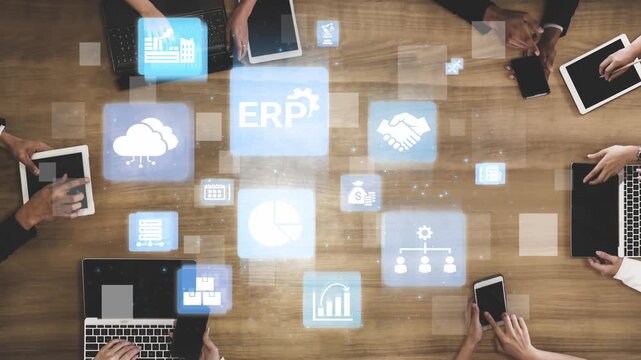 ERP icons show management, integration, and business process. ERP supports data management, ERP efficiency, and ERP organizational solutions. Funnel