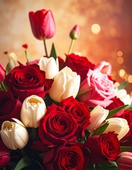 A vibrant bouquet of red roses and white tulips against warm background