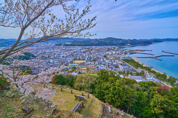 春の兵庫県洲本市を洲本城跡の展望台(洲本八景の大浜を大観)から見る