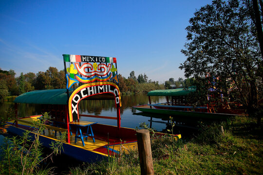 Ciudad de Mexico, Mexico - February 1. 2026: Colorful Trajinera on Lake Xoxhimilco