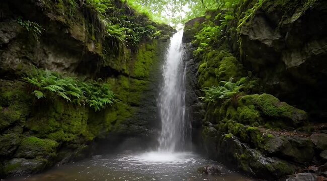 Magical Cave Waterfall with Fog and Light