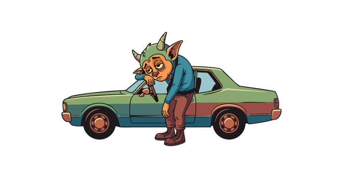 Cartoon goblin leaning on vintage car on black background