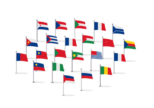 A cluster of twentytwo national flags on poles against a white background