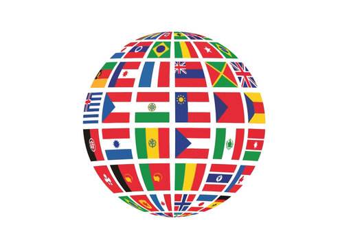 A globe wrapped in a grid of diverse international flags on a white background