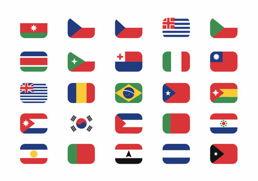 A grid of 25 stylized national flags with rounded corners