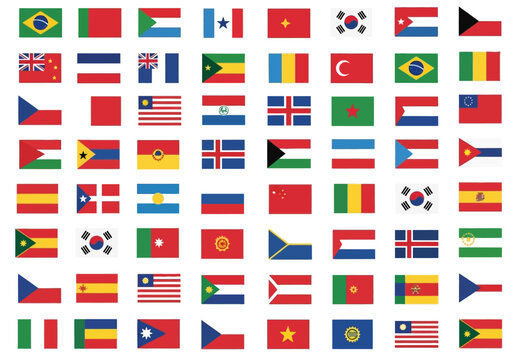 A grid of 49 distinct color national flags from around the world