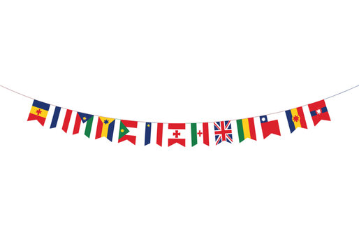 A string of international flags forming a decorative banner against a white background