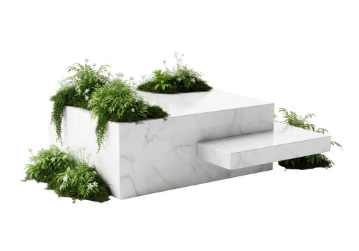 Modern white planter box with green plants isolated on transparent background