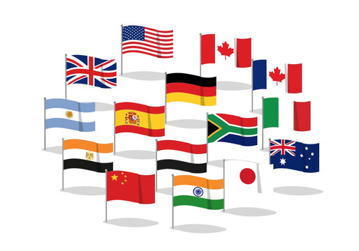 Group of waving flags from various nations displayed on poles against white