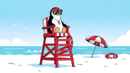 Cool Lifeguard Penguin Sitting On Red Rescue Chair At Sunny Beach With Sunglasses And Whistle Fun Summer Vacation Safety Concept Illustration