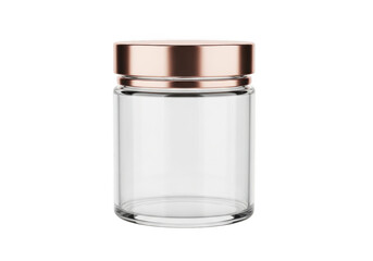 Empty glass jar with rose gold lid isolated on transparent background