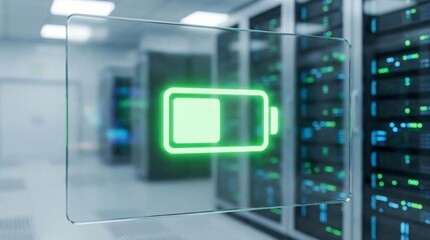 Futuristic glowing battery icon superimposed on blurred server room racks with data lights
