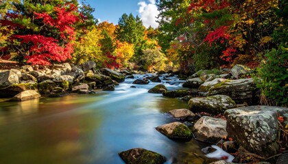 Fototapeta premium Autumn River Scene with Colorful Foliage and Flowing Water in Serene Landscape.