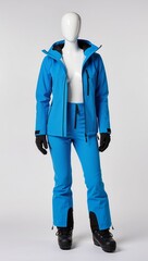 Women&rsquo;s winter outfit featuring a bright blue waterproof jacket and matching insulated pants