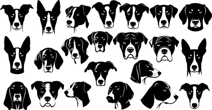 A diverse graphic collection of various dog breeds, showcasing head portraits and minimalist silhouettes, perfect for pet-themed designs and animal lover projects