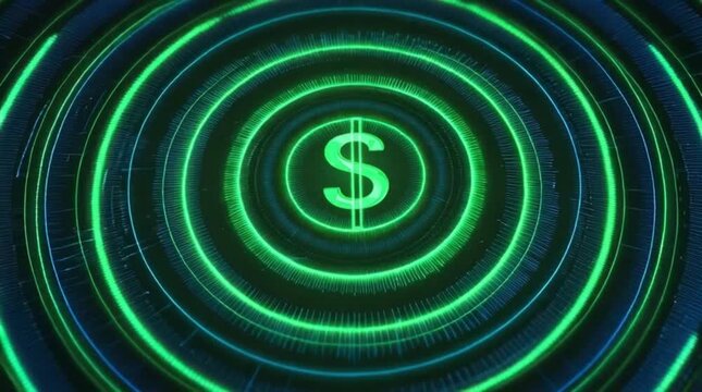 Abstract glowing green concentric circles with a dollar sign in the center, representing financial concepts, wealth, and digital currency in a futuristic digital art style