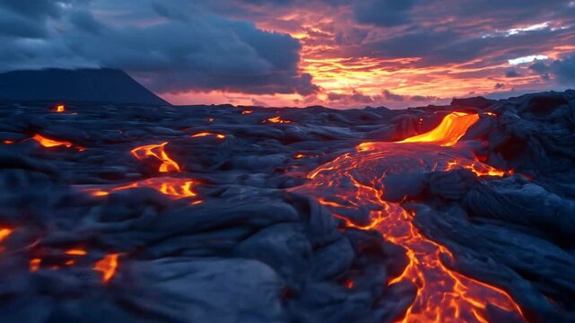 Molten lava flowing across volcanic rock at sunset with dramatic sky