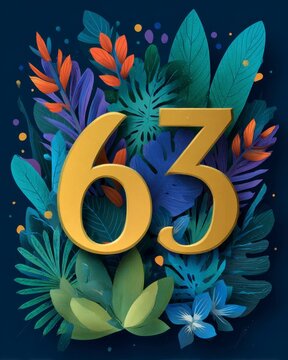Golden Number 63 Surrounded by Colorful Tropical Leaves and Flowers