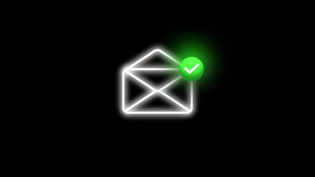 Electronic Mail box animation opened mail with ok notification green pop up on top right isolated on black background