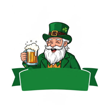 Leprechaun with Beer and Green Ribbon Banner for St Patrick&rsquo;s Day Template Design