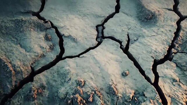 Dry, cracked terrain portraying the severe impact of drought and arid conditions, with distinct textures detailing environmental desertification and climate change effects on the ground