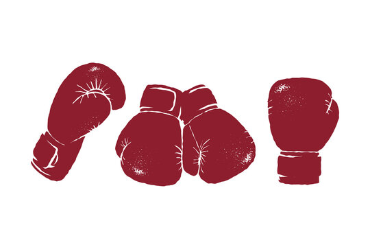 Vintage boxing gloves vector illustration set, hand drawn glove variations in silhouette textured vintage ink details style, boxing logo design isolated on white background