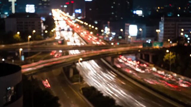 Ground-level tunnel of light trails Looking forward or backward down a highway, with cars blurring into a continuous tunnel of red and white light streaks.