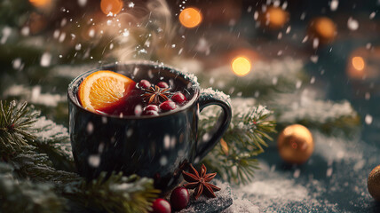 Fototapeta premium A steaming black mug filled with mulled wine rests among snowflakes and holiday cheer Generative AI