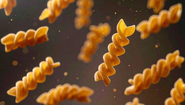 Conceptual close up of brown spirali pasta floating in the air with a dark background and golden specs of light.