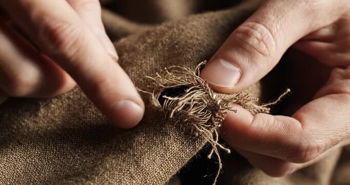 Close-up of hands repairing frayed fabric with natural fibers in a cozy indoor setting
