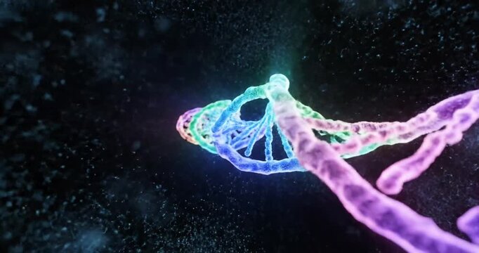 Colorful DNA helix spiraling through a cosmic background filled with particles and light