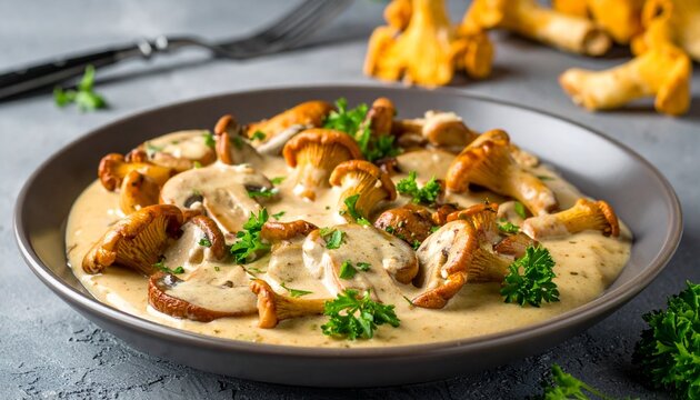 Creamy chanterelle mushroom sauce with parsley garnish gourmet dish presentation culinary delight.