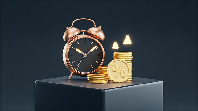 Alarm clock with stacked coins representing time value of money and financial growth concept
