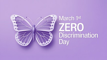Zero discrimination day March first banner featuring purple butterfly illustration and typography on violet background for equality and human rights advocacy social media promotion