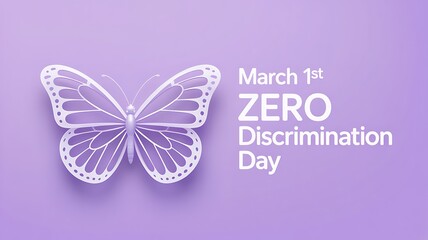 Obraz premium Zero discrimination day March first illustration with beautiful white butterfly on purple background, concept for equality and human rights awareness, symbolic and clean design