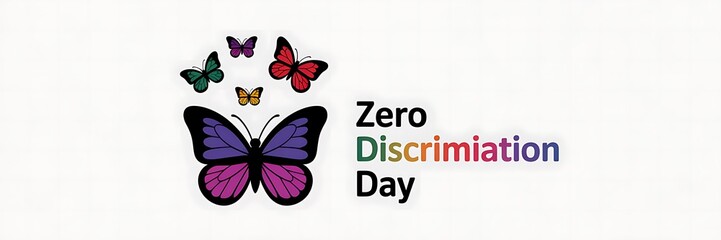 Zero discrimination day with colorful butterflies flying around large purple butterfly, text with rainbow colors, concept for diversity and inclusion, vibrant and joyful