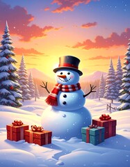 A snowman in a winter landscape with presents and trees