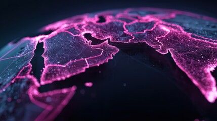 Fototapeta premium Glowing global representation in vibrant neon outline on the surface of the planet Earth against a dark background. ..Created with Generative AI, not depicting real subjects.