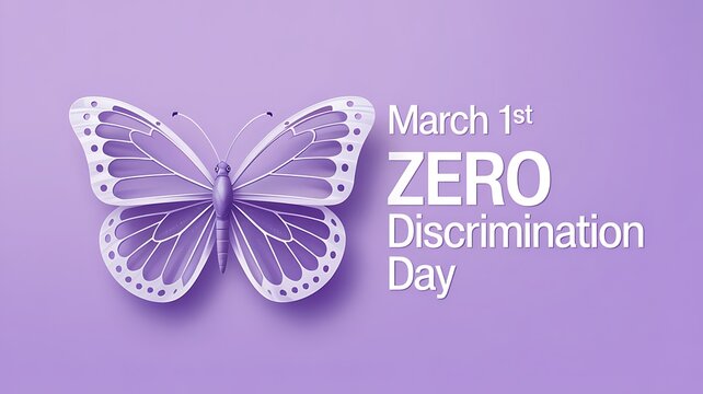 Zero discrimination day March first banner featuring purple butterfly illustration and typography on violet background for equality and human rights advocacy social media promotion
