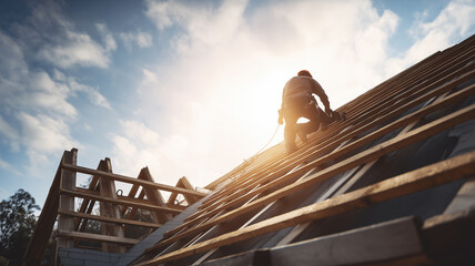 Naklejka premium Workers are building a modern pitched roof under a clear sky, showcasing their effort Generative AI