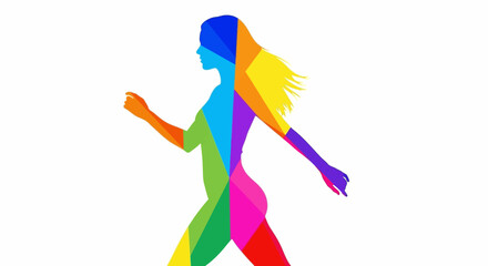 Vibrant woman running with colorful geometric design