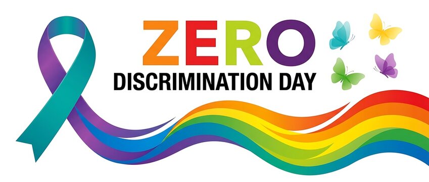 Zero discrimination day banner with rainbow ribbon and colorful butterflies advocating for equality diversity and inclusion against prejudice